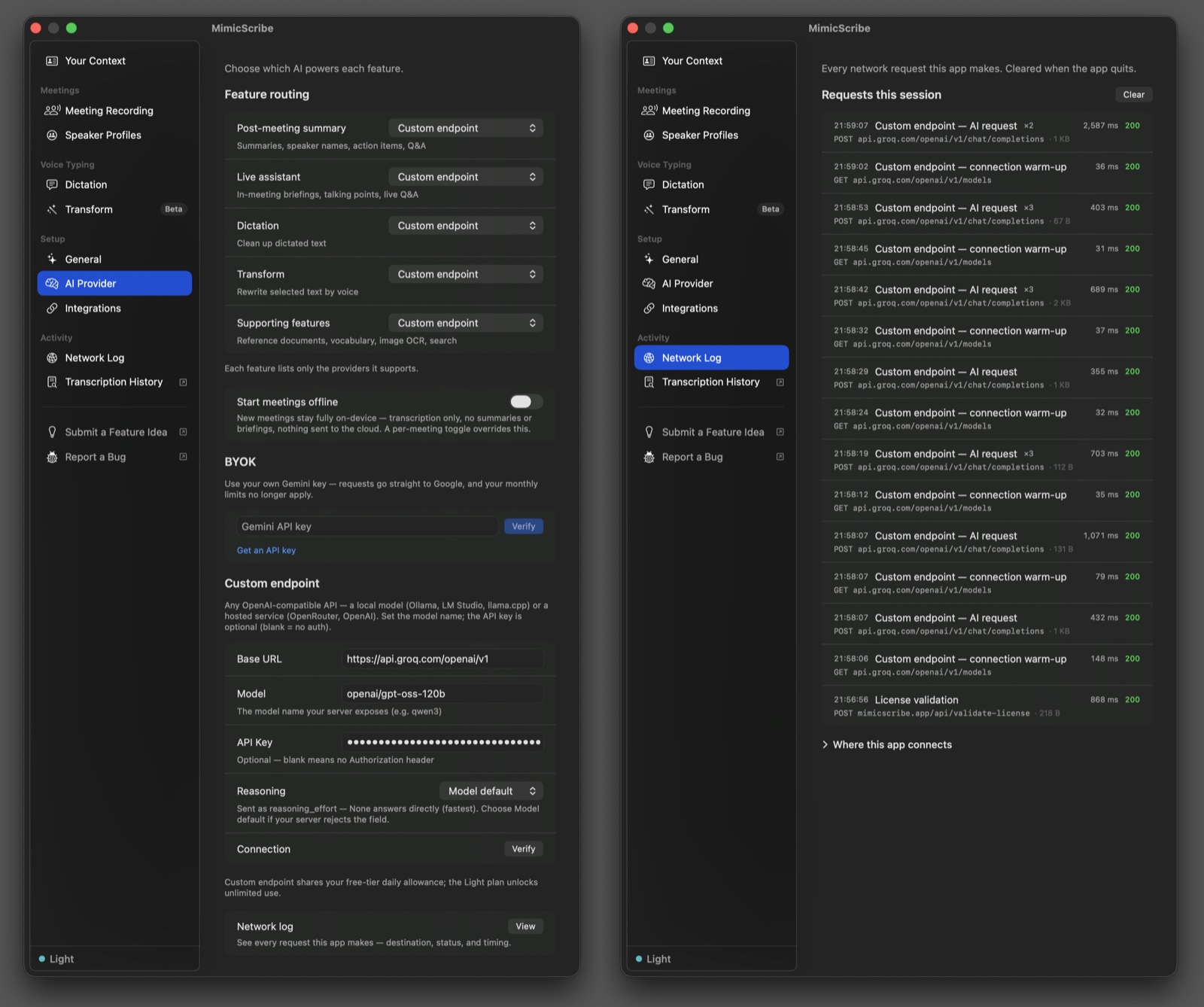 MimicScribe's AI Provider settings, each feature routed to a chosen provider, with the Network Log showing where requests went
