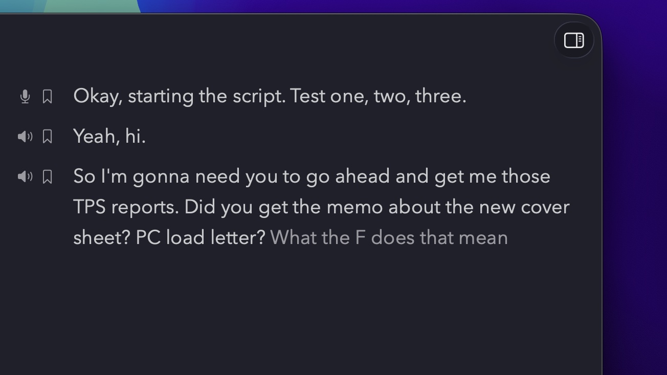 MimicScribe's live transcript mid-sentence, the last few words still greyed out as volatile text