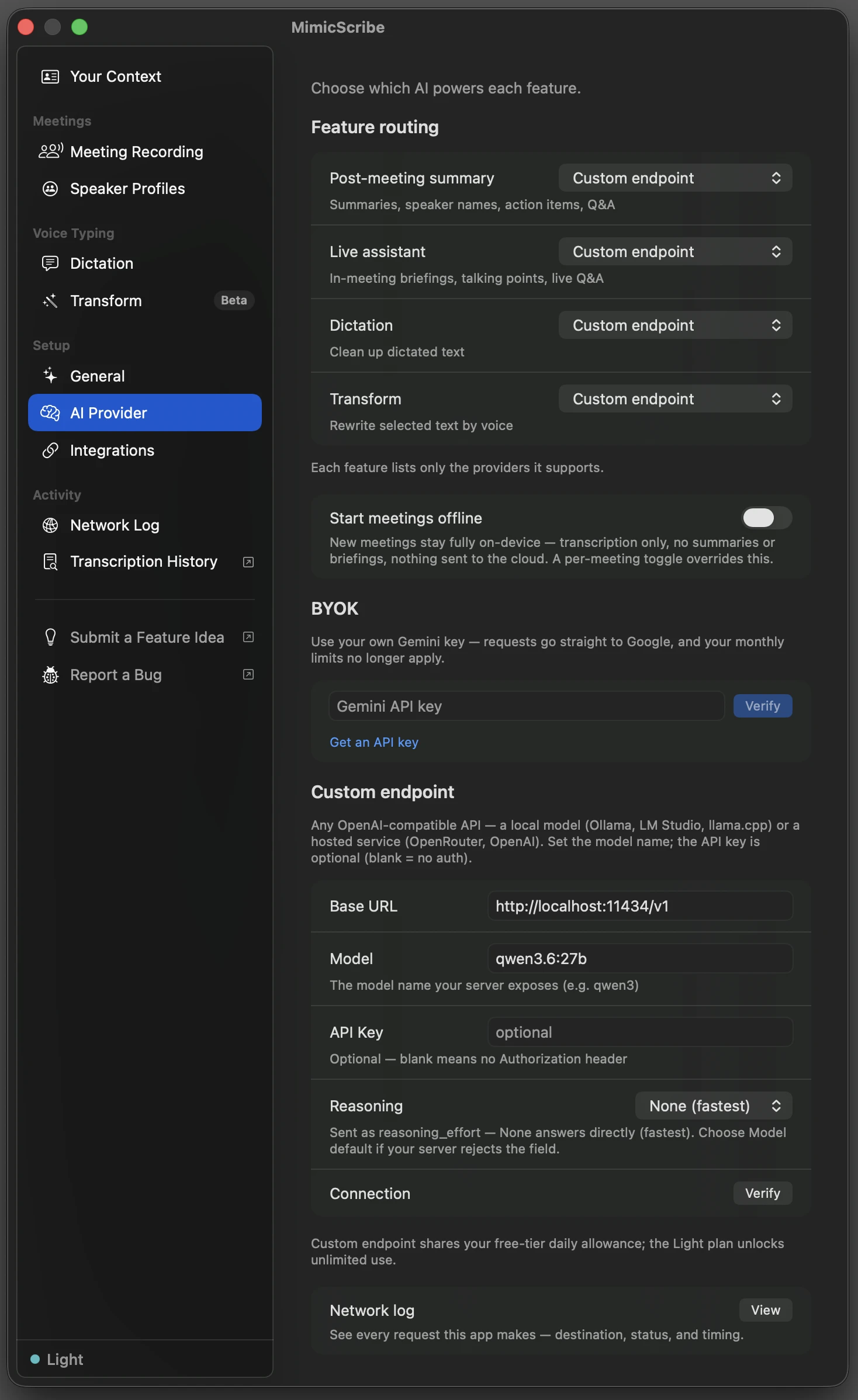 Settings → AI Provider with every feature routed to a custom endpoint: Ollama on localhost, model qwen3.6:27b, no API key, reasoning set to None