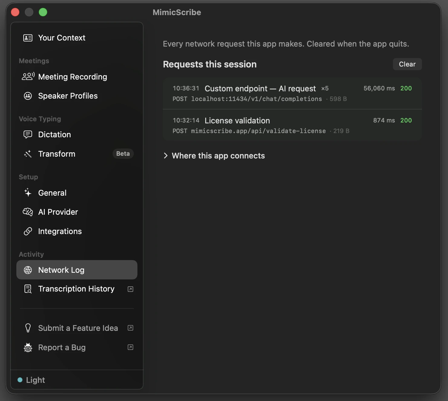 The Network Log showing AI requests going to localhost — the meeting summary ran on this Mac