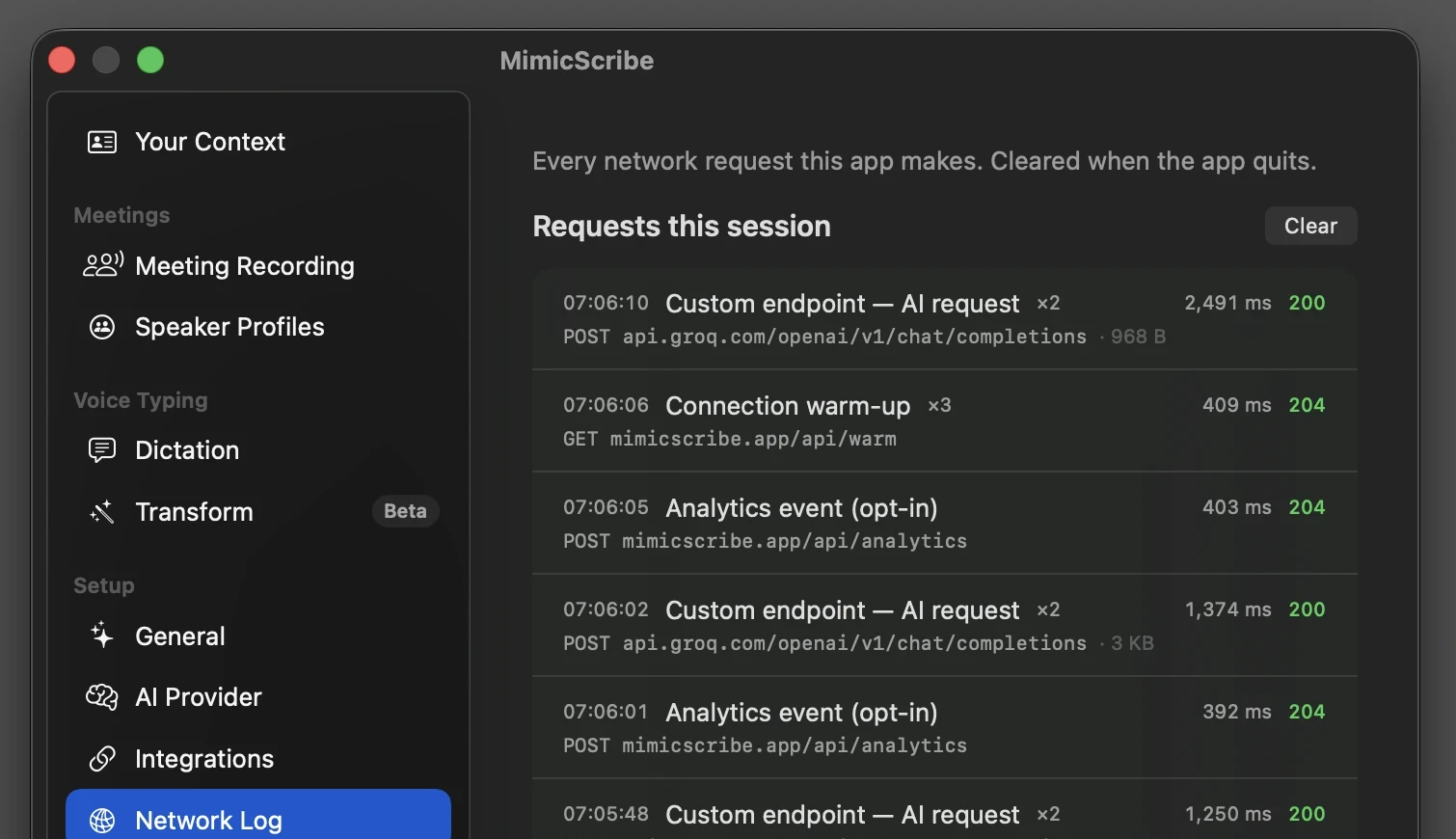 The Network Log pane in Settings, listing the session's requests with destination, latency, and status for each