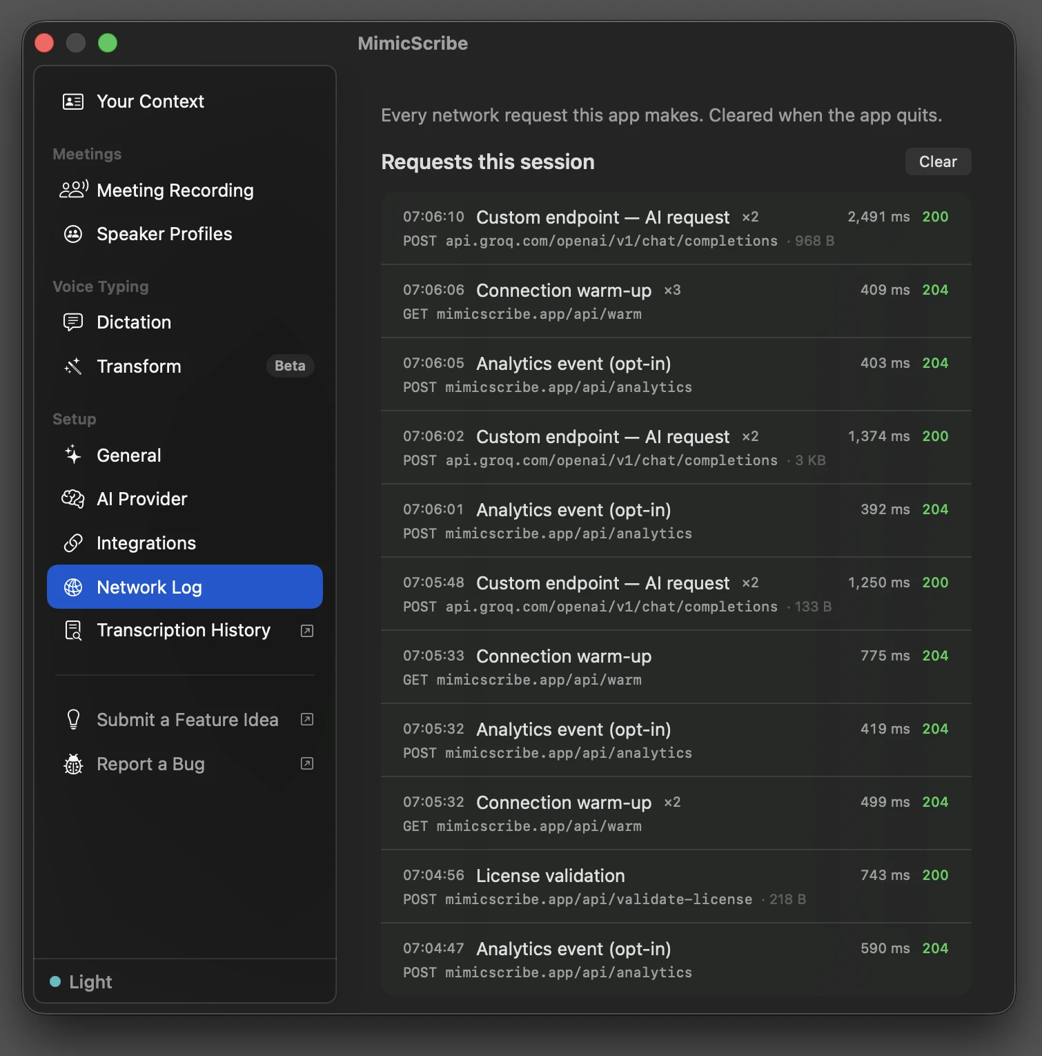 The Network Log pane listing a session's requests — AI calls routed to a custom endpoint, connection warm-ups, opt-in analytics events, and a license validation